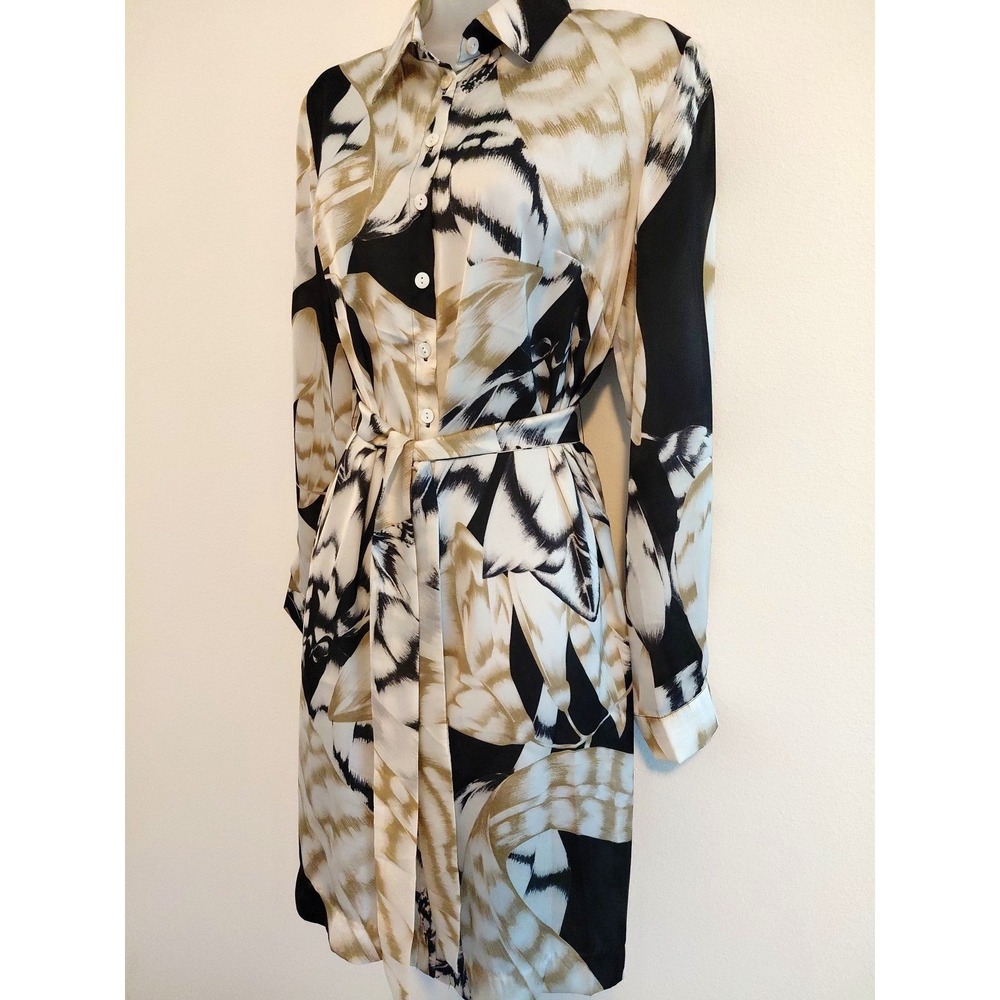 NWT Satin Tie Waist Shirt Dress MEDIUM Lightweight Olive Black Career Chic Sheer - Picture 2 of 10